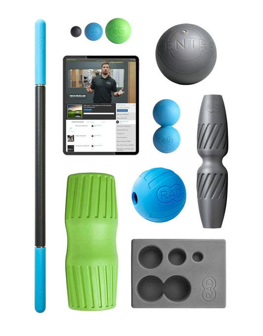 golf trainer and player kit for improved accuracy, video course, massage and mobility tools