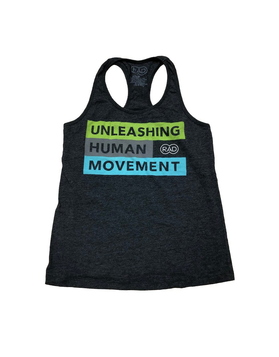 dark grey tank top " unleashing human movement" by RAD Rollers