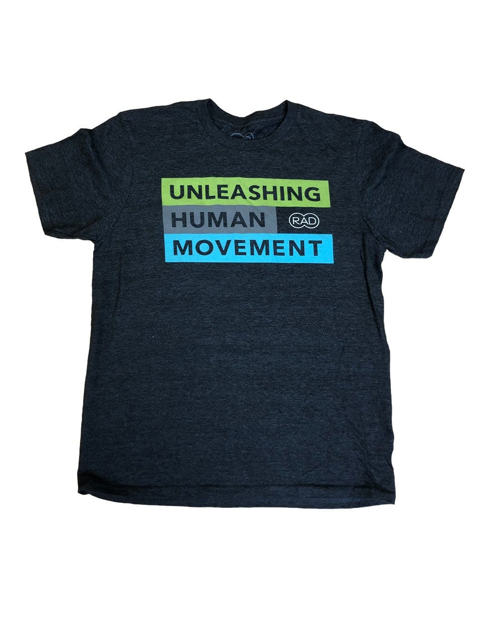 dark grey unisex t-shirt by RAD with moto "unleashing human movement"